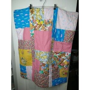 Teddy Bear Girls Floral Squared Quilt Handmade 30" X 37"